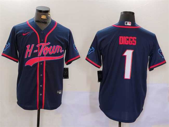 Mens Houston Texans #1 Stefon Diggs Navy With Patch Cool Base Stitched Baseball Jersey